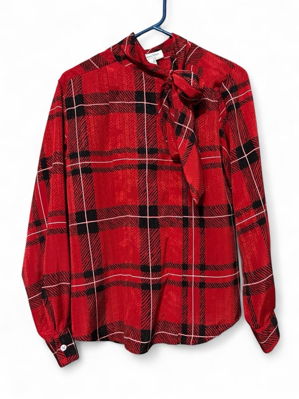 Christian Dior Vintage Red Plaid Bow Neck Blouse